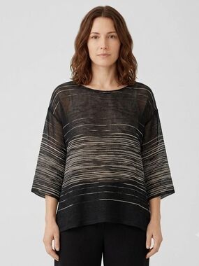 Eileen Fisher Organic Linen Blend Striped Boxy Knit Top Top L/G Sheer Italian